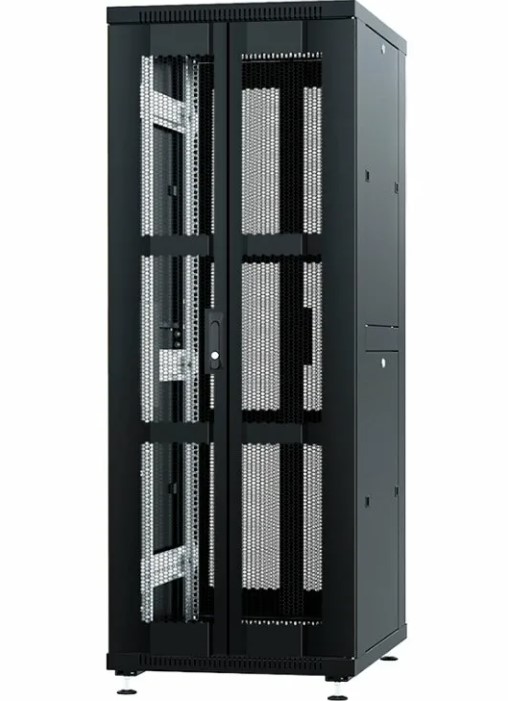Шкаф монтажный телекоммуникационный 19" напольный для распределительного и серверного оборудования 42U 600x1000x2055mm (ШхГхВ) передняя и задняя перфорированные двери, ручка с замком, цвет черный (RAL 9004)