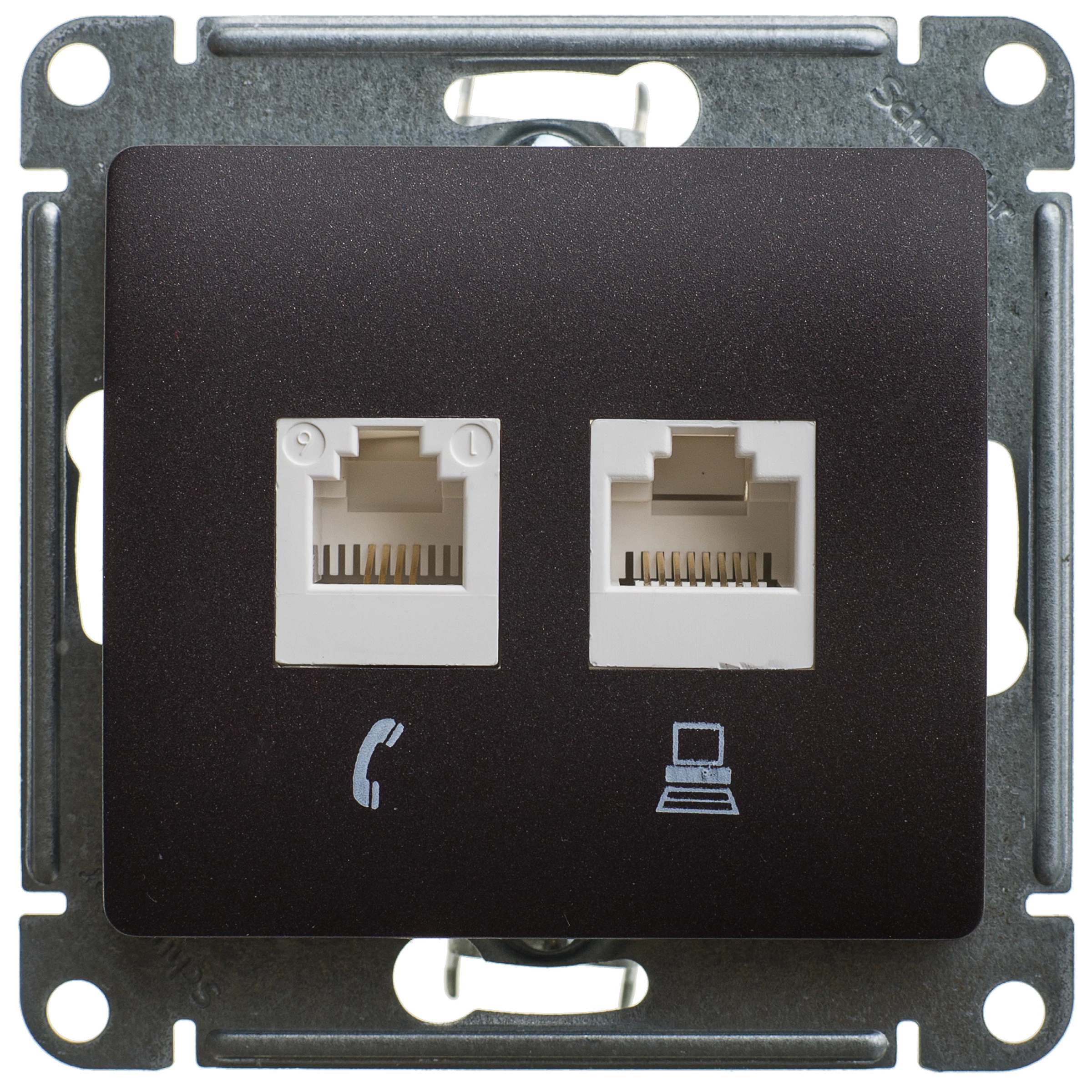 Двойная компьютерная розетка GLOSSA RJ45+RJ45, кат.5E, механизм, шоколад