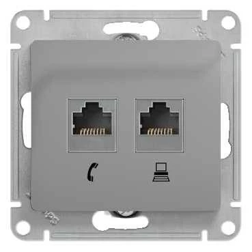 Двойная компьютерная розетка GLOSSA RJ45+RJ45, кат.5E, механизм, алюминий