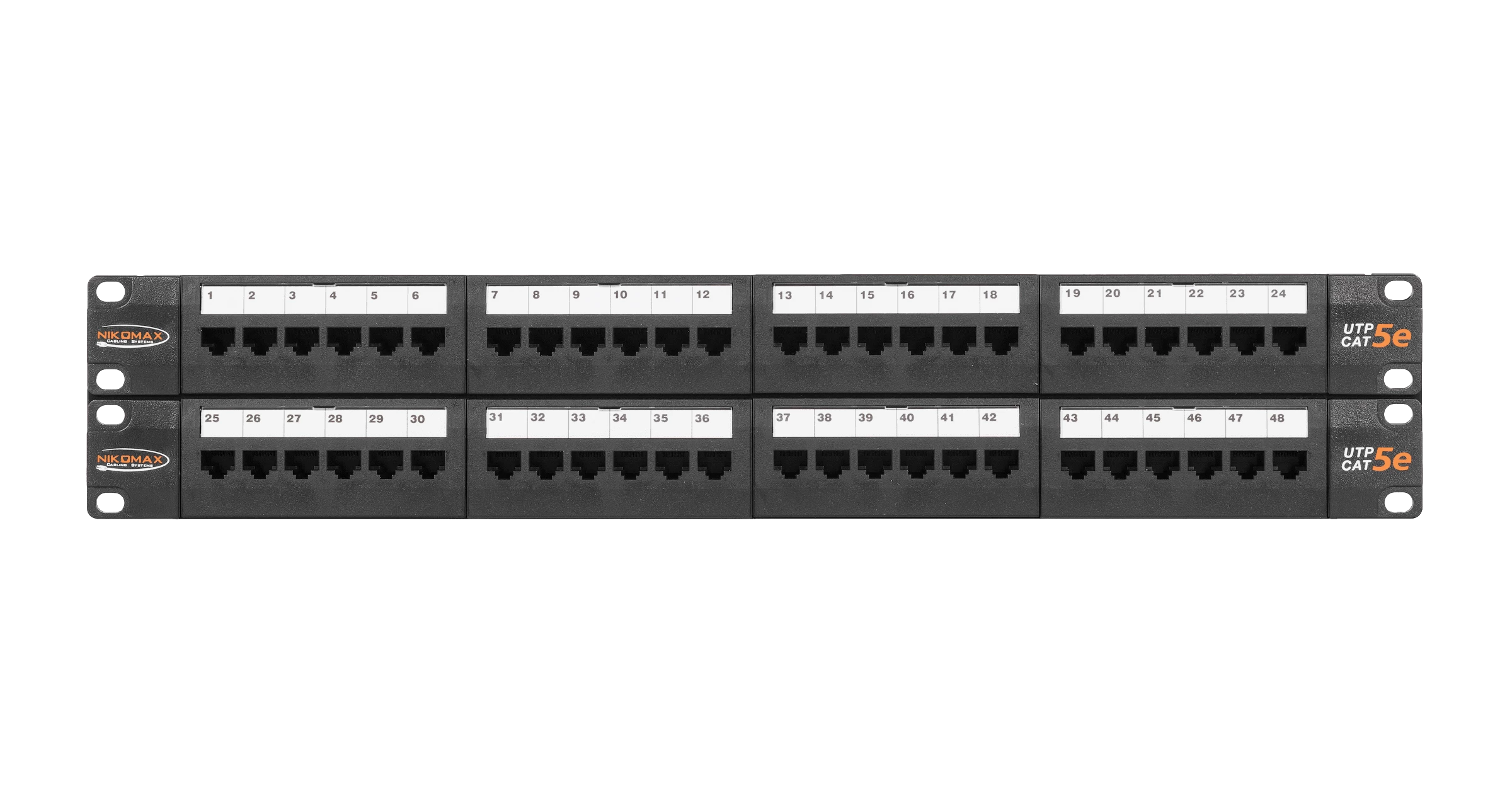Коммутационная панель NIKOMAX 19", 2U, 48 портов, Кат.5e (Класс D), 100МГц, RJ45/8P8C, 110/KRONE, T568A/B, неэкранированная, с органайзерами, черная - гарантия: 5 лет расширенная / 25 лет системная