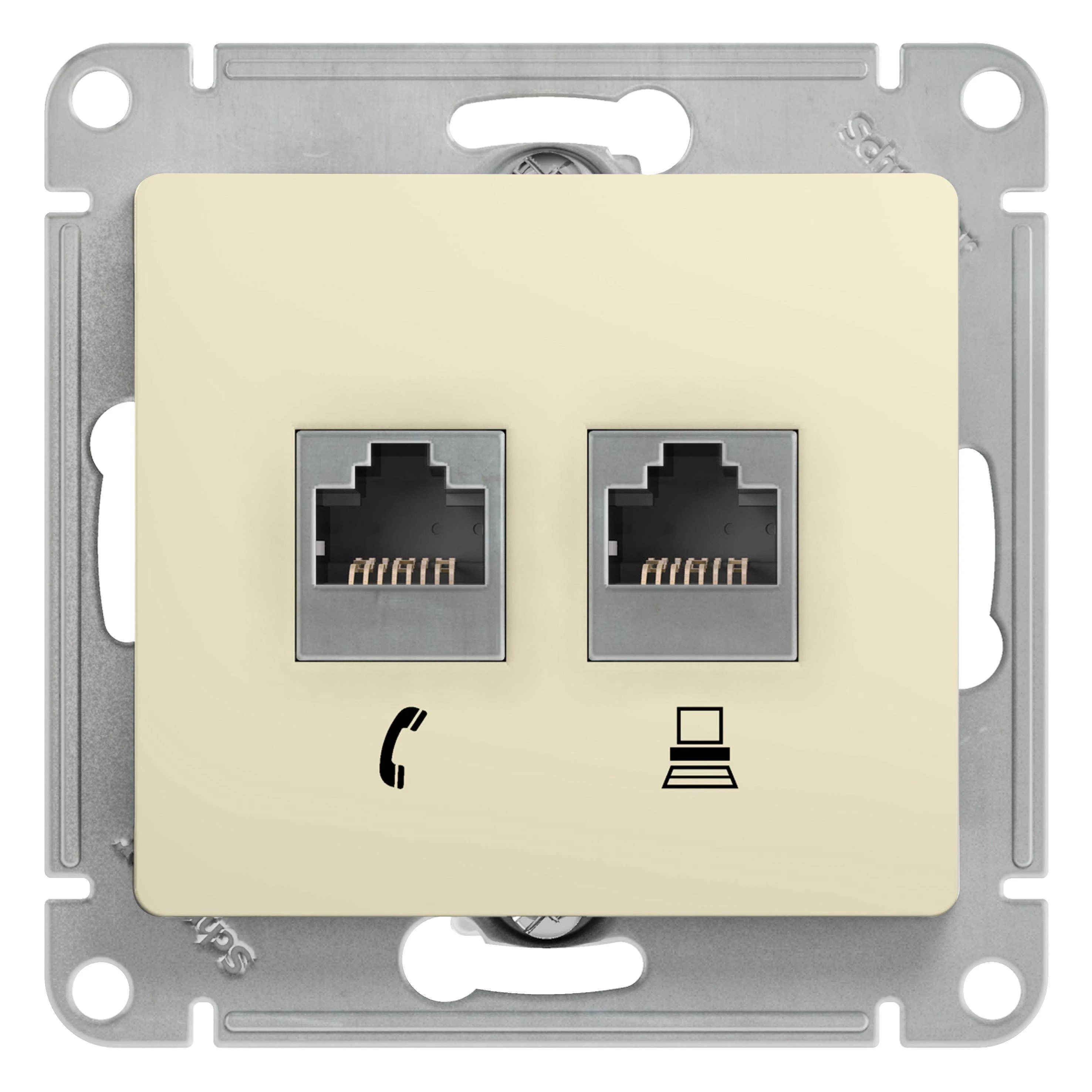 Двойная компьютерная розетка GLOSSA RJ11+RJ45, кат.5E, механизм, бежевый