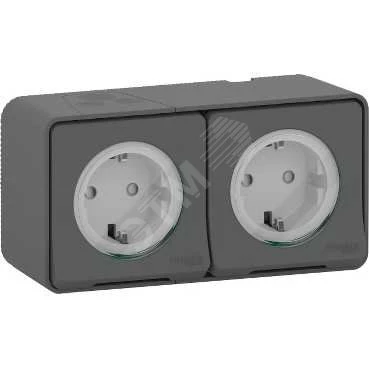 MUREVA S, БЛОК из ДВУХ РОЗЕТОК с з/к. и шт., открытой установки, АНТРАЦИТ, IP55