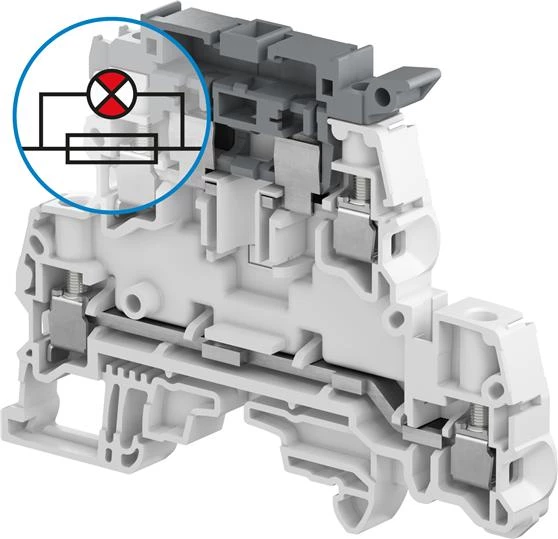 Клемма винтовая ZS4-D2-SF1-R1 - 4 мм², 2 уровня, 4 зажима, держатель предохранителя на верхнем уровне, с индикатор сгор. предохр. 24-110В AC/DC
