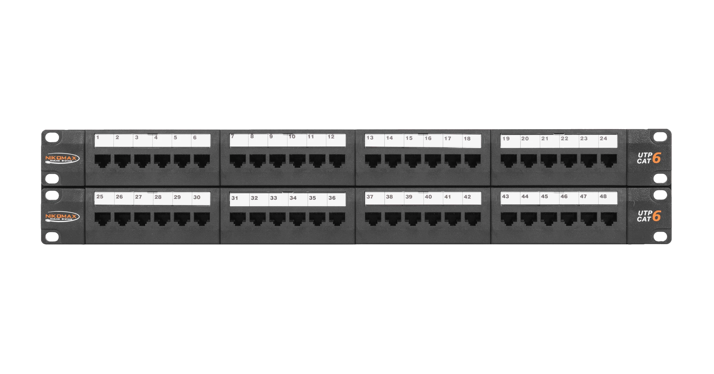 Коммутационная панель NIKOMAX 19", 2U, 48 портов, Кат.6 (Класс E), 250МГц, RJ45/8P8C, 110/KRONE, T568A/B, неэкранированная, с органайзерами, черная - гарантия: 5 лет расширенная / 25 лет системная