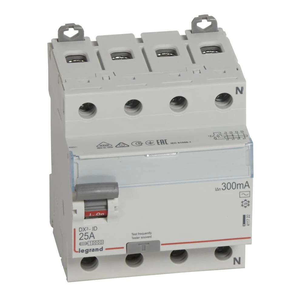 Четырехполюсное устройство защитного отключения DX3 4П 25А AC 300мА N спр.