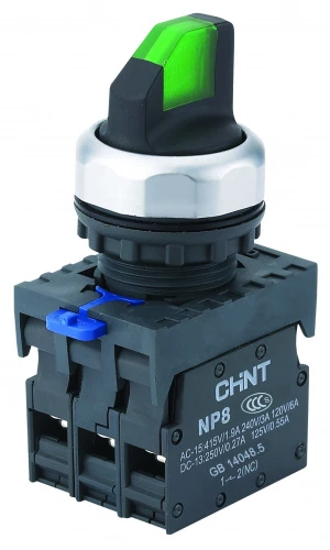 Переключатель управления с фиксацией NP8-20XD/21 2НО зеленая AC/DC24В(LED) IP65 (R)(CHINT)