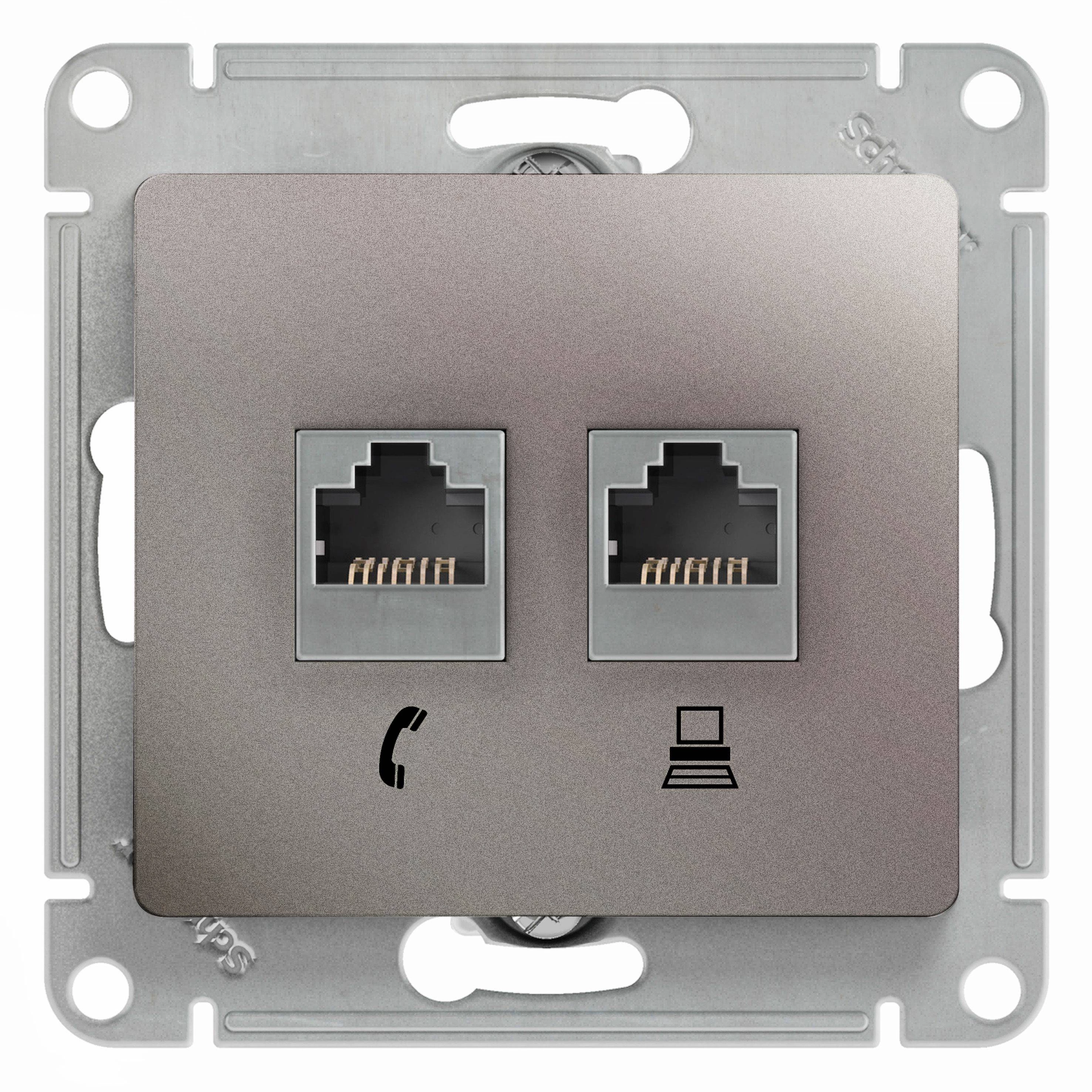 Двойная компьютерная розетка GLOSSA RJ11+RJ45, кат.5E,механизм, платина