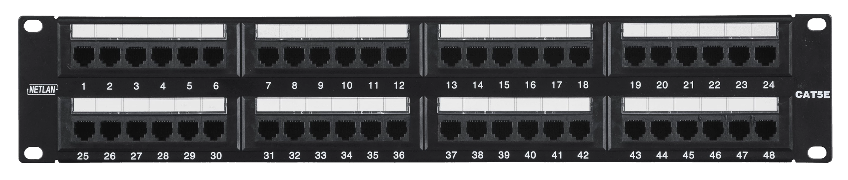 Коммутационная панель NETLAN 19", 2U, 48 портов, Кат.5e (Класс D), 100МГц, RJ45/8P8C, 110/KRONE, T568A/B, неэкранированная, черная