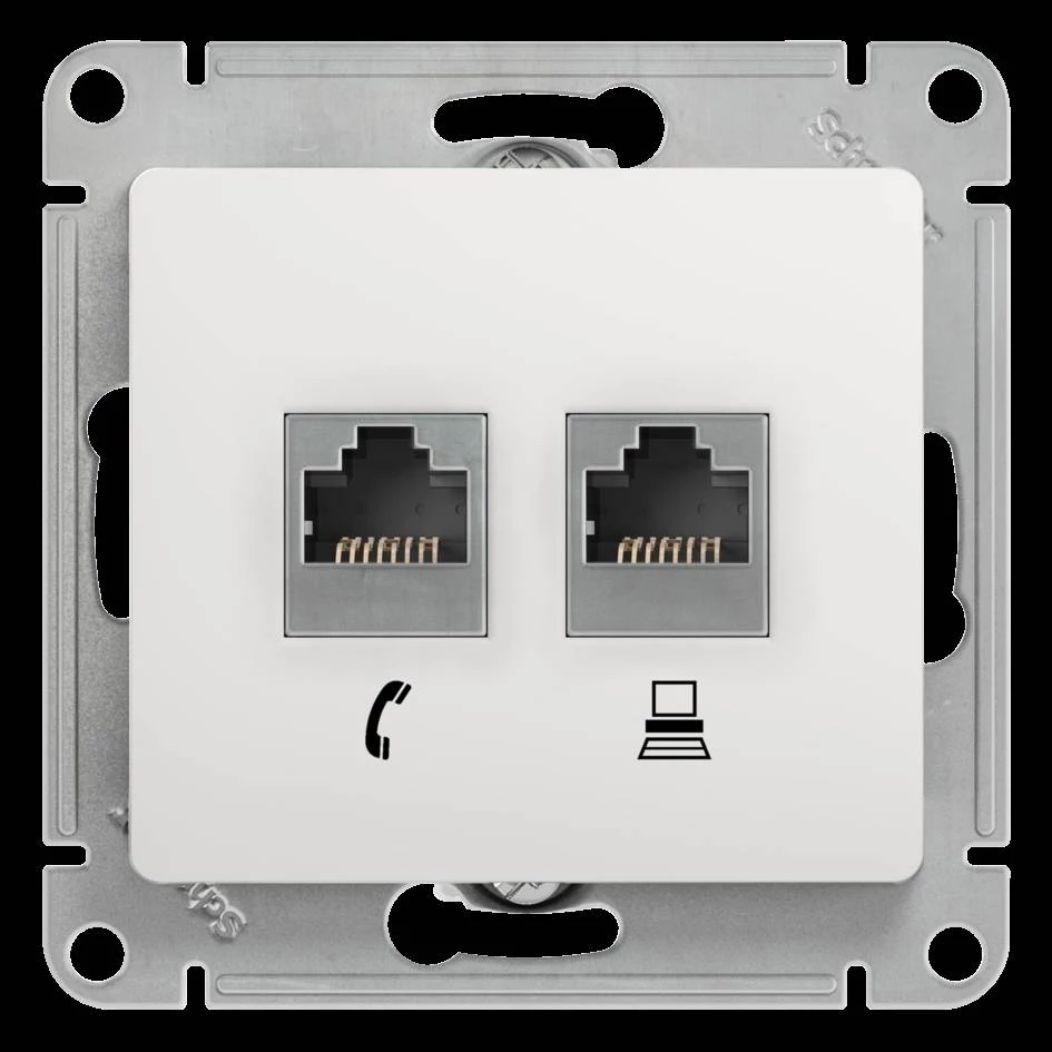 Двойная компьютерная розетка GLOSSA RJ11+RJ45, кат.5E, механизм, белый